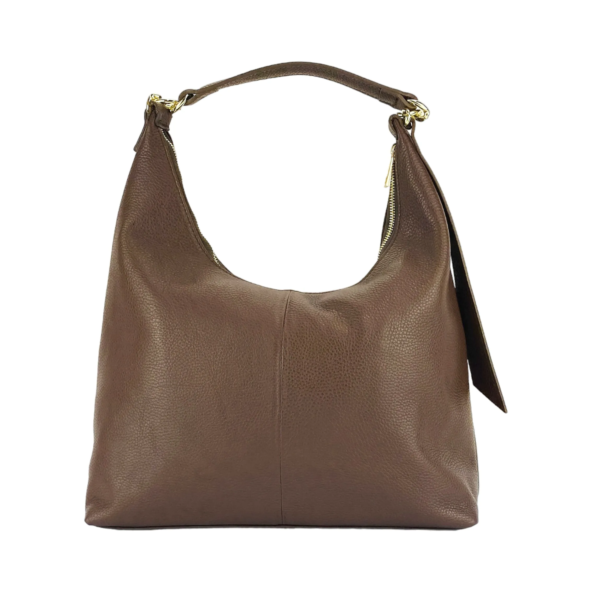 RB1017BV | Soft women's shoulder bag in genuine leather Made in Italy with single handle and removable shoulder strap. Attachments with shiny gold metal snap hooks - Chocolate color - Dimensions: 36 x 40 x 13 cm