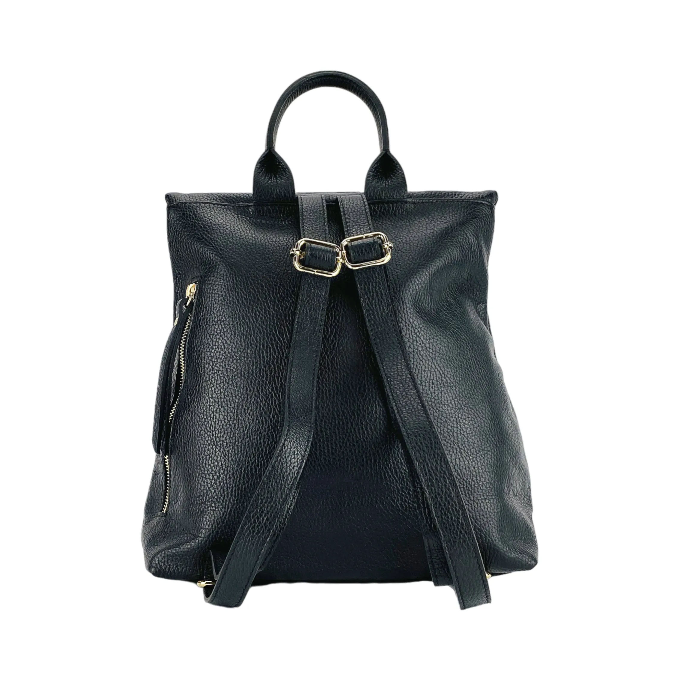 RB1021A | Soft women's backpack in genuine leather Made in Italy with adjustable shoulder straps. Zipper and accessories in shiny gold metal - Black color - Dimensions: 30 x 34 x 10.5 cm