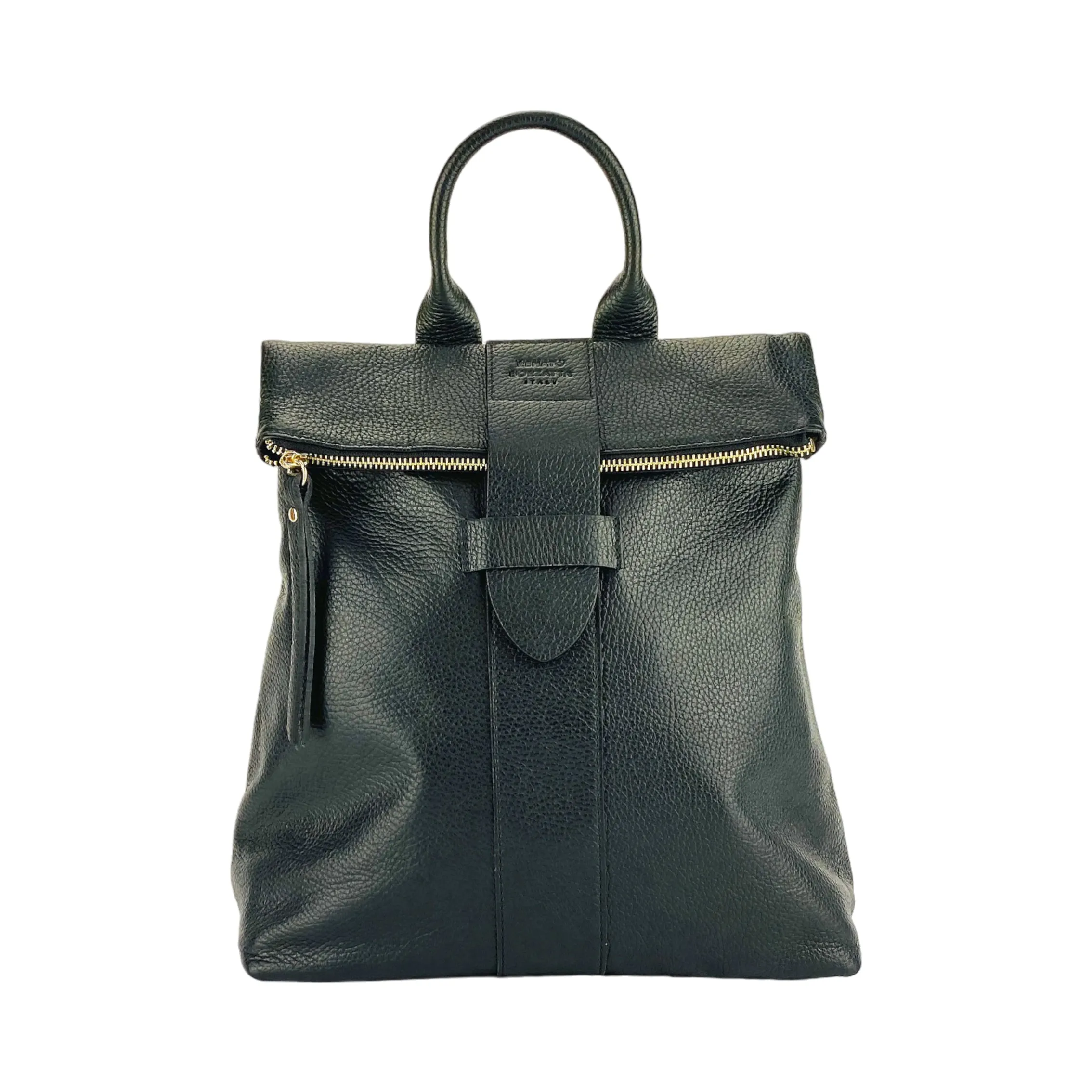 RB1021A | Soft women's backpack in genuine leather Made in Italy with adjustable shoulder straps. Zipper and accessories in shiny gold metal - Black color - Dimensions: 30 x 34 x 10.5 cm