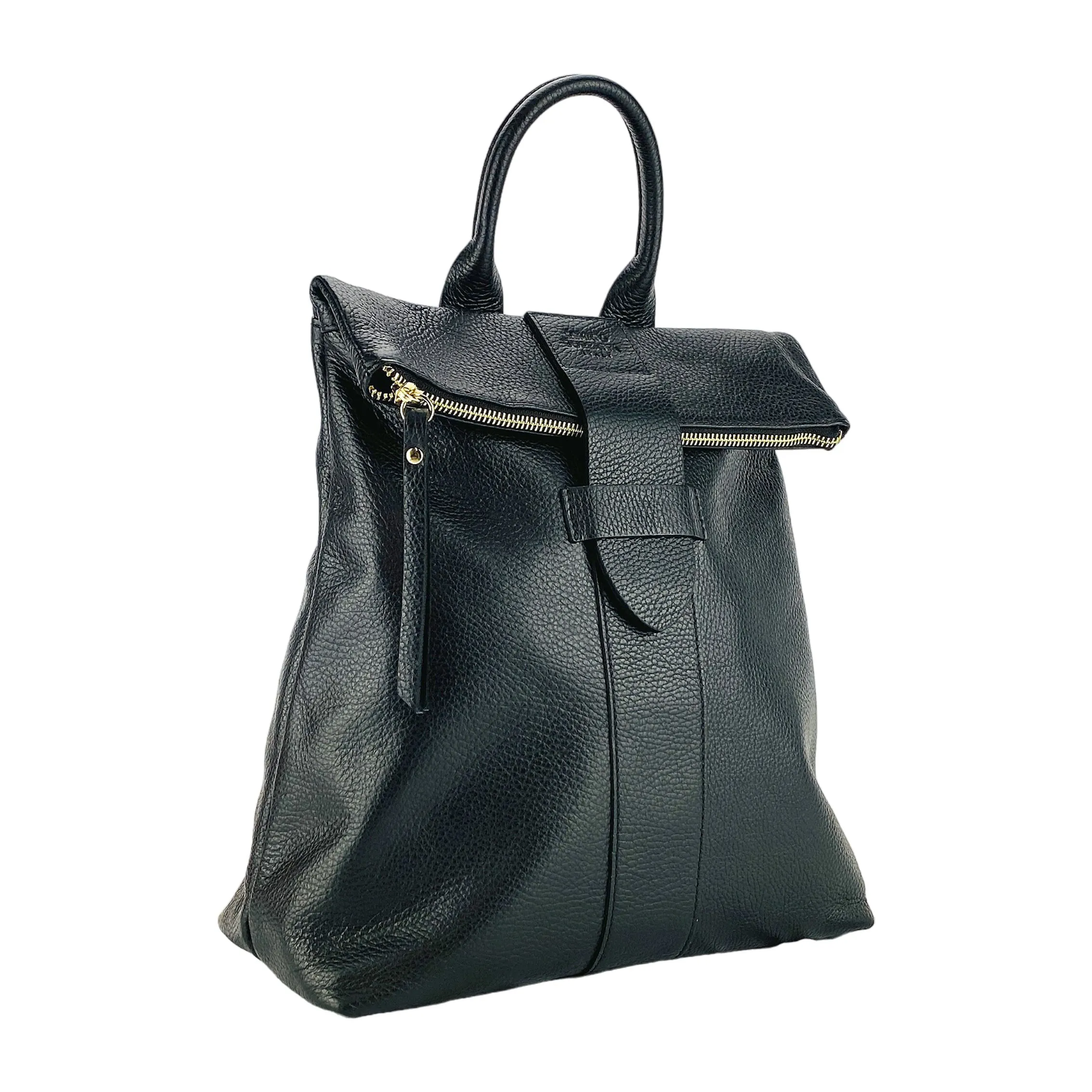 RB1021A | Soft women's backpack in genuine leather Made in Italy with adjustable shoulder straps. Zipper and accessories in shiny gold metal - Black color - Dimensions: 30 x 34 x 10.5 cm