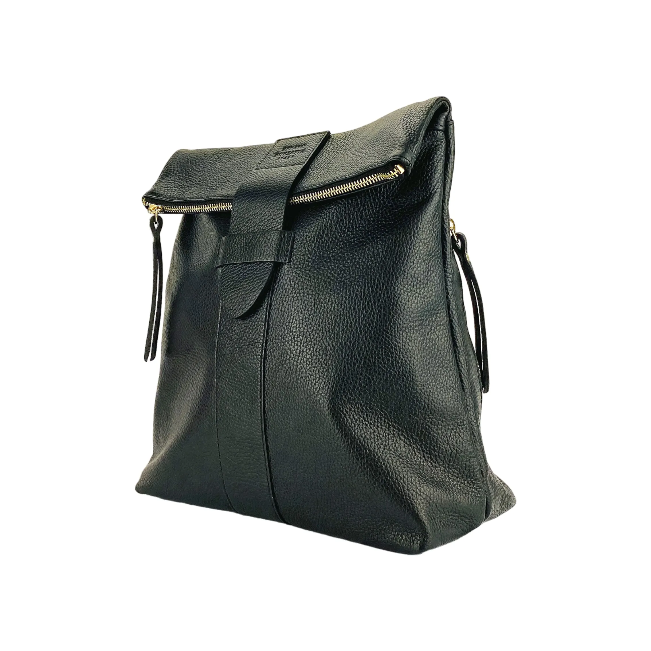 RB1021A | Soft women's backpack in genuine leather Made in Italy with adjustable shoulder straps. Zipper and accessories in shiny gold metal - Black color - Dimensions: 30 x 34 x 10.5 cm