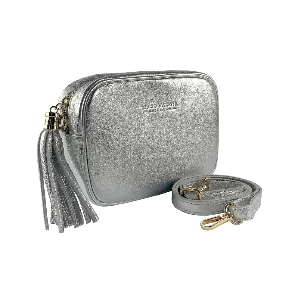 Renato Borzatta Leather Tassel Camera Shoulder Crossbody Bag Silver Grey
