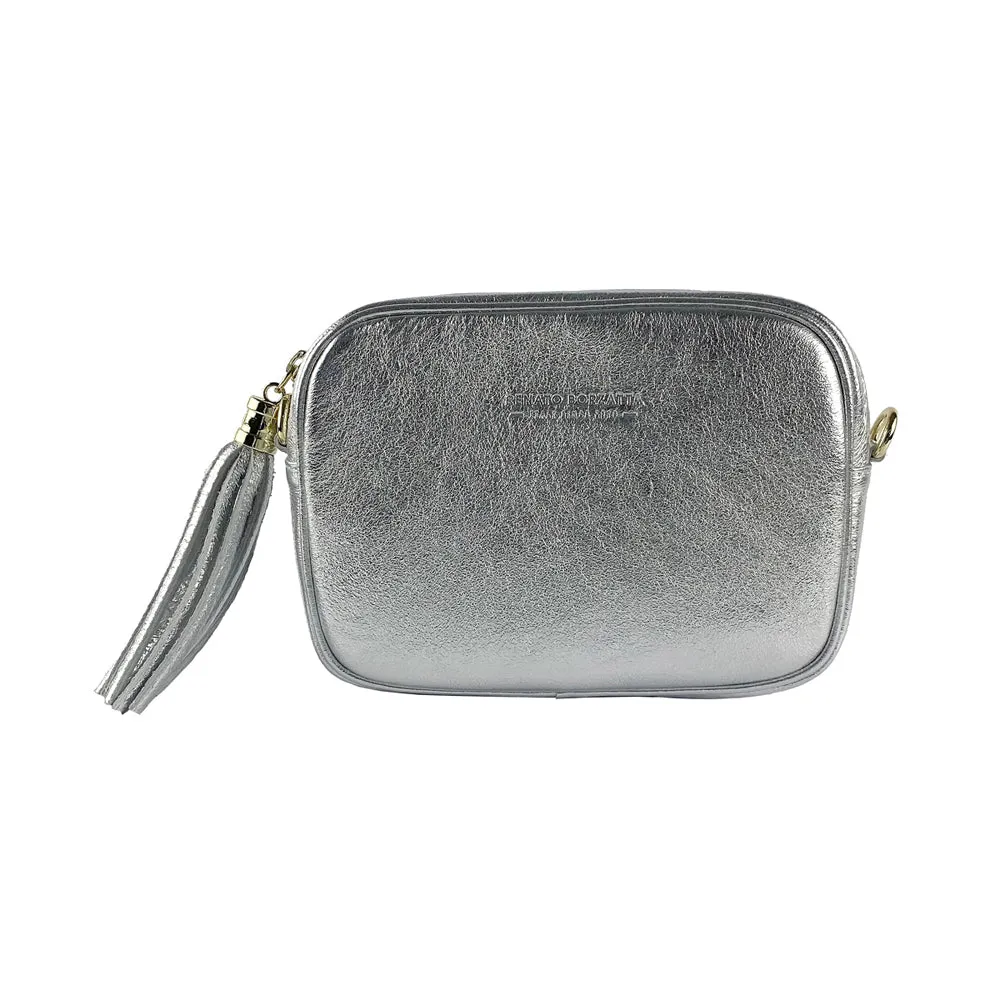 Renato Borzatta Leather Tassel Camera Shoulder Crossbody Bag Silver Grey