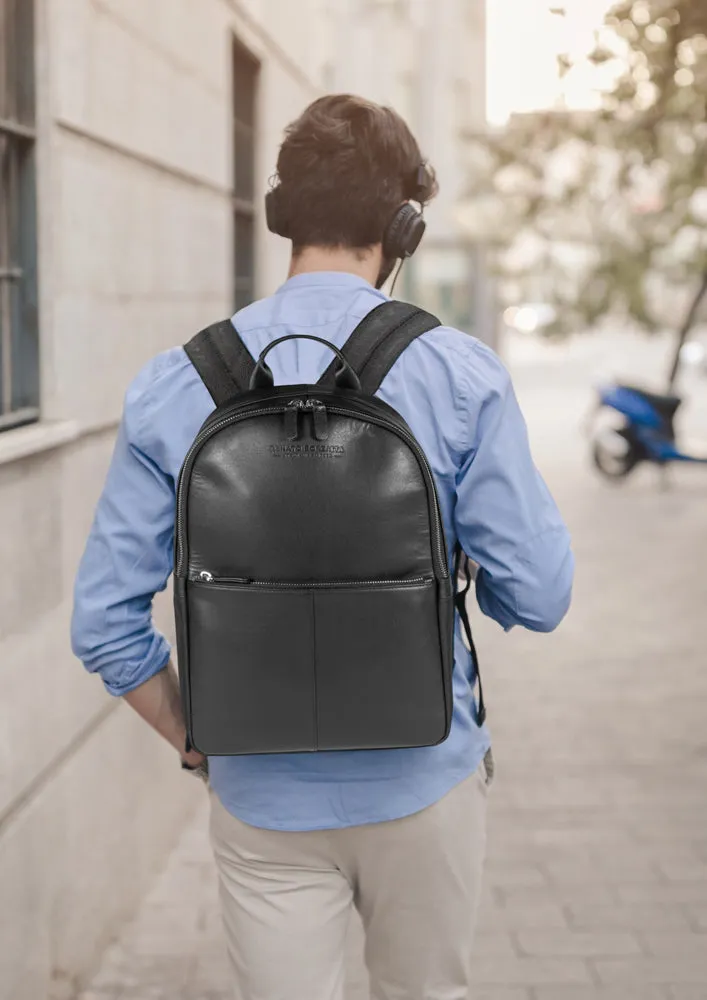 Renato Borzatta Nylon and Leather Laptop Tablet Backpack Black